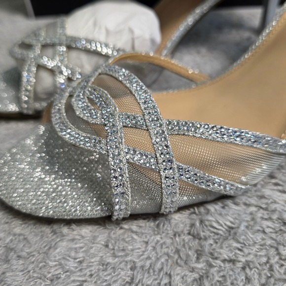 Nina Silver Metallic Mesh Rhinestone Peep toe Ankle Strap Heels Sandals 10M NEW - Picture 3 of 8